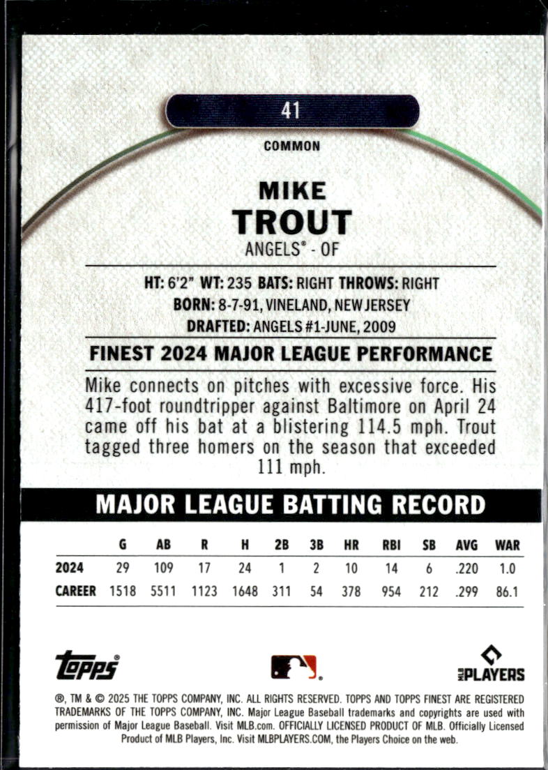Mike Trout 2025 Topps Finest Blue Refractor 32/200 Los Angeles Angels