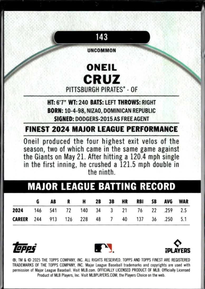 Oneil Cruz 2025 Topps Finest Orange Refractor 6/20 Pittsburgh Pirates
