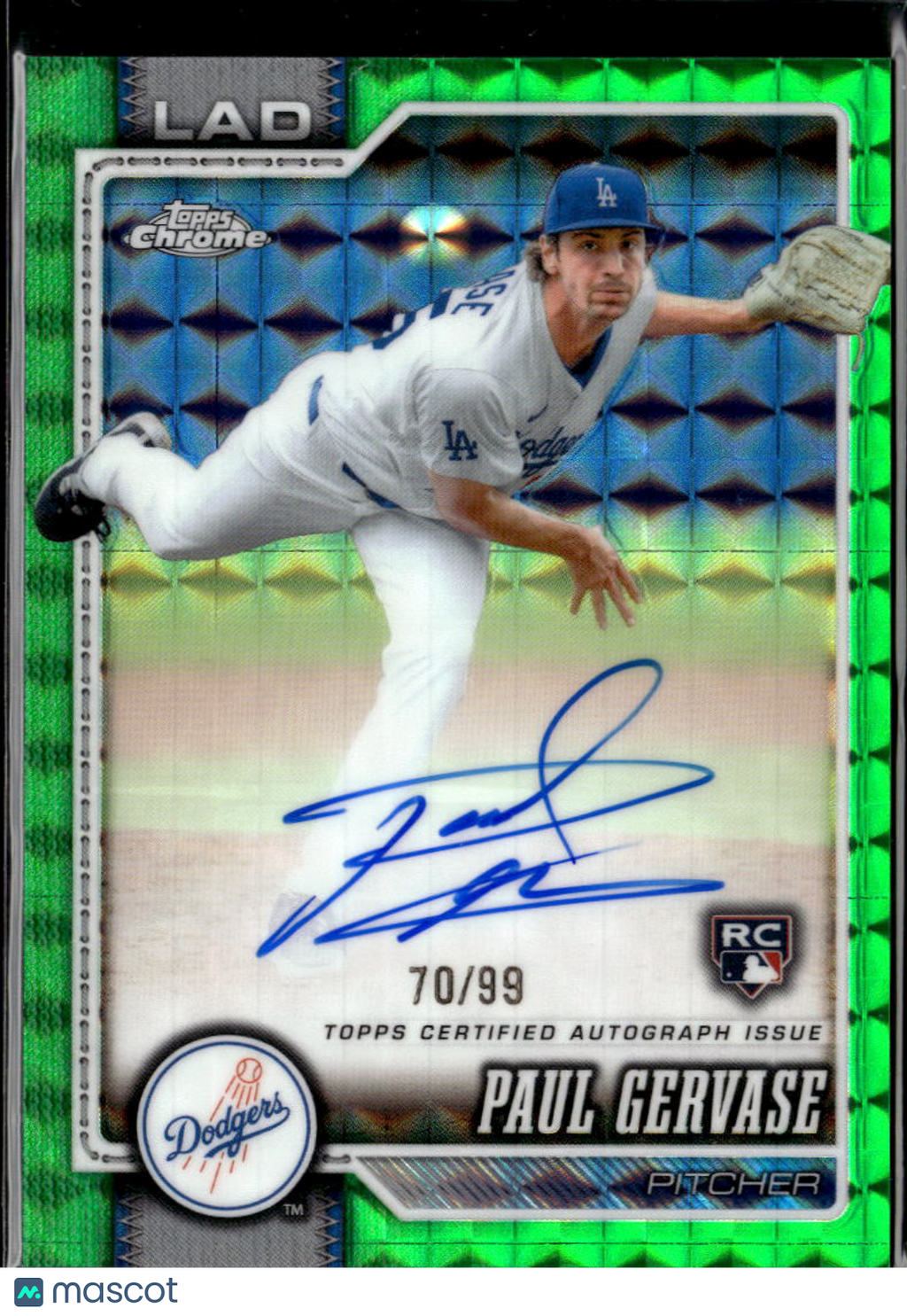 Paul Gervase 2026 Topps Chrome Auto Autograph Green RC 70/99 Los Angeles Dodgers