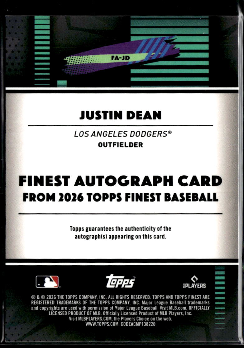 Justin Dean 2026 Topps Finest RC Auto Autograph Green 25/99 Los Angeles Dodgers