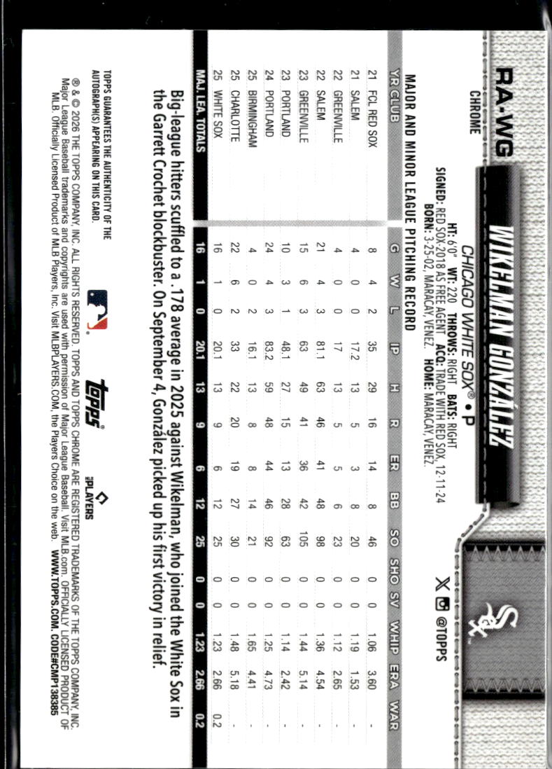 Wikelman Gonzalez 2026 Topps Chrome GOLD Auto Autograph RC 43/50 White Sox