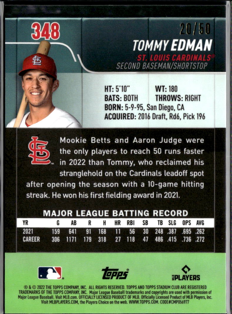 Tommy Edman 2022 Topps Stadium Club Chrome GOLD Refractor 20/50 Cardinals