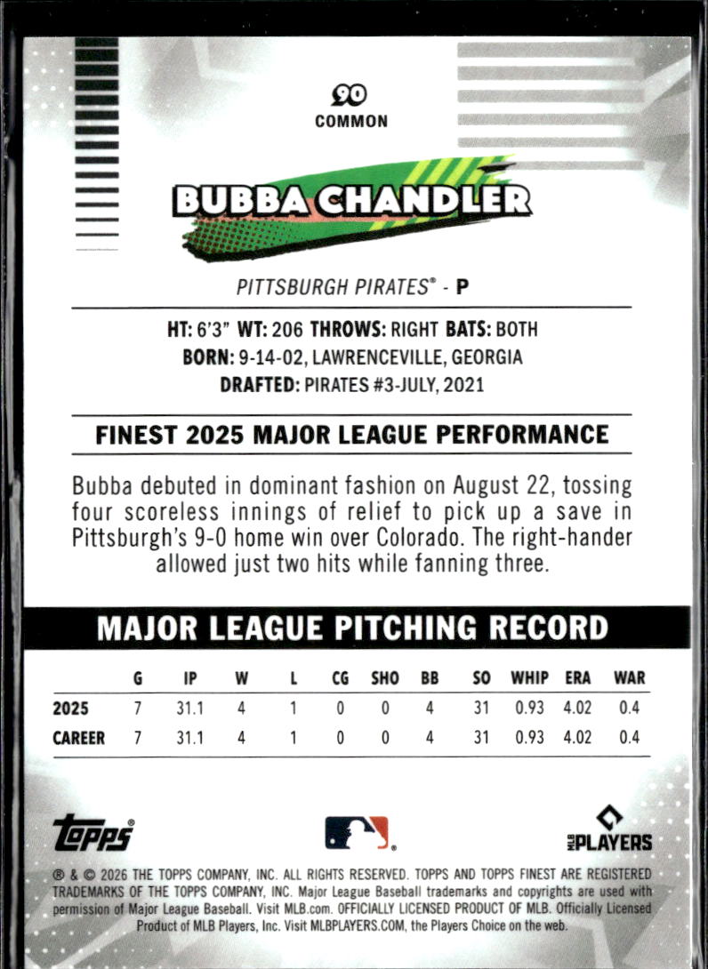 Bubba Chandler 2026 Topps Finest Pink Refractor RC 208/250 Pirates