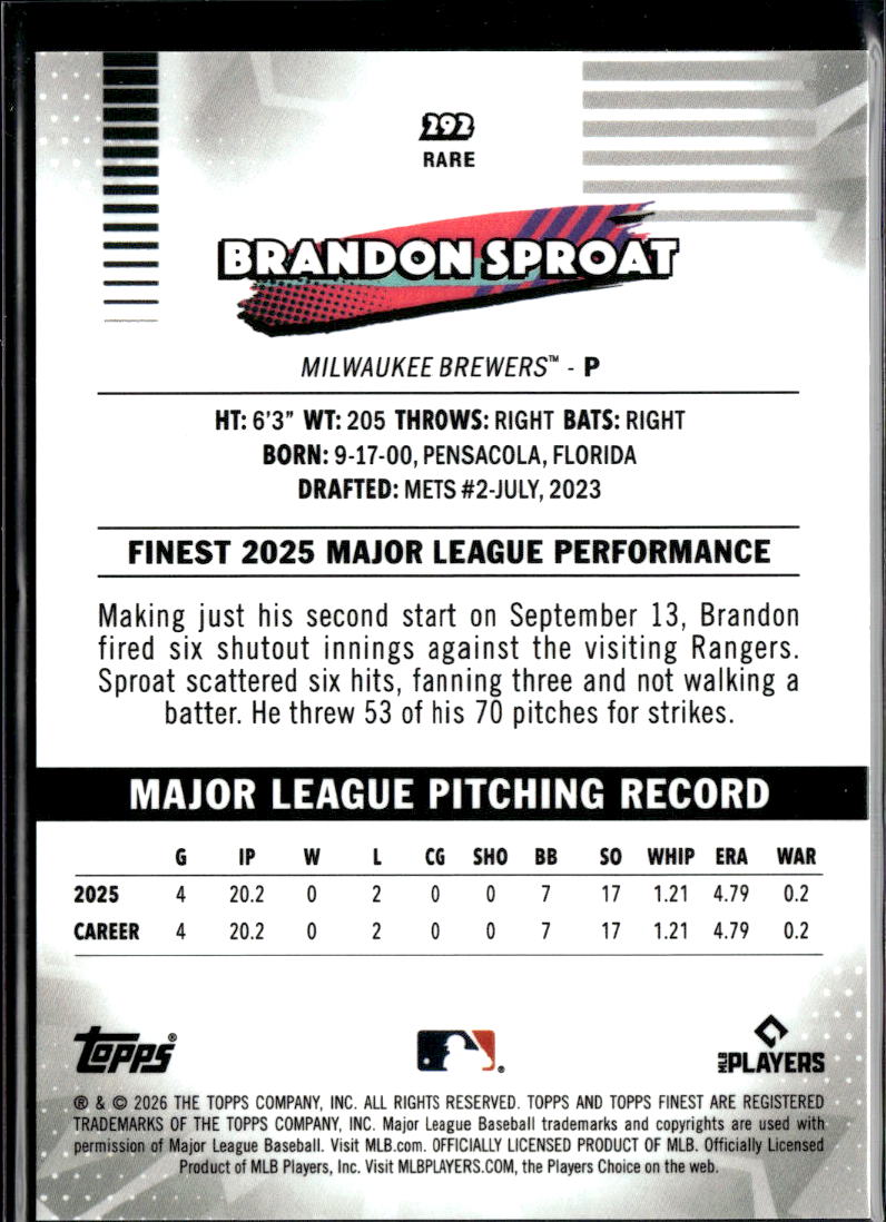 Brandon Sproat 2026 Topps Finest GOLD Refractor RARE RC 35/50 Milwaukee Brewers