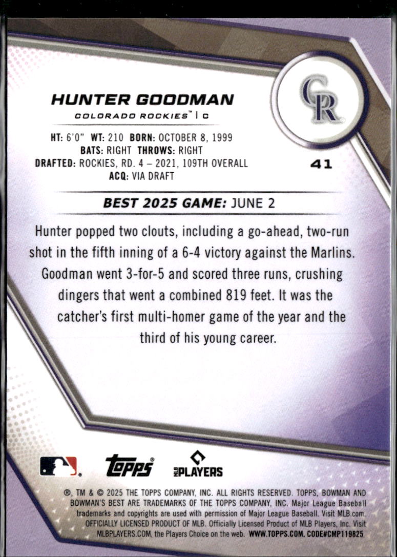 Hunter Goodman 2025 Bowman's Best GOLD Refractor 24/50 Colorado Rockies