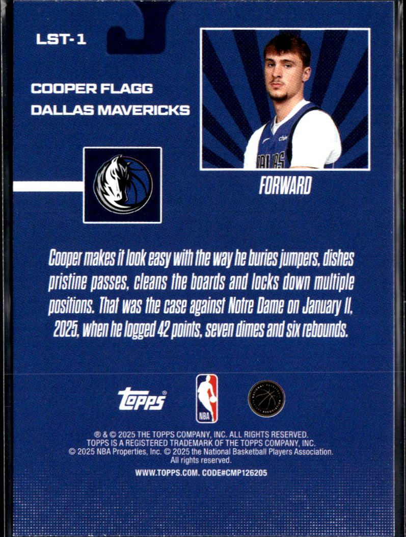 Cooper Flagg 2025 Topps Limited Stock Legends Rookie RC Dallas Mavericks