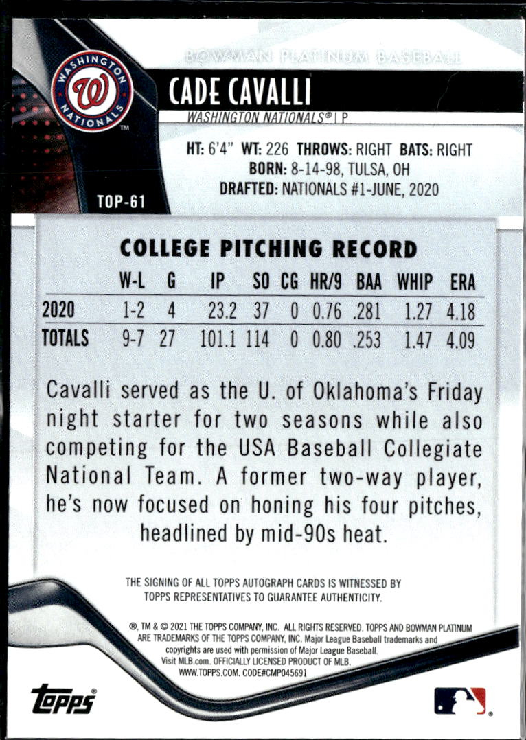 Cade Cavalli 2021 Bowman Platinum Auto Autograph Sooners Nationals