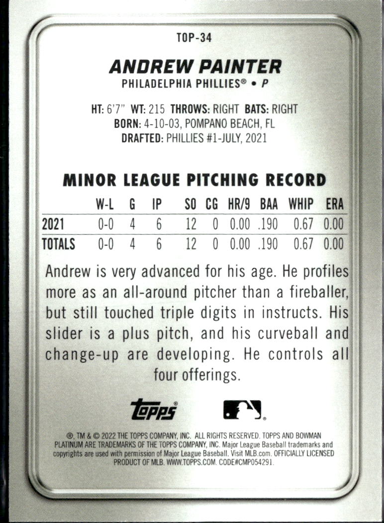 Andrew Painter 2022 Bowman Platinum Orange 15/25 Philadelphia Phillies