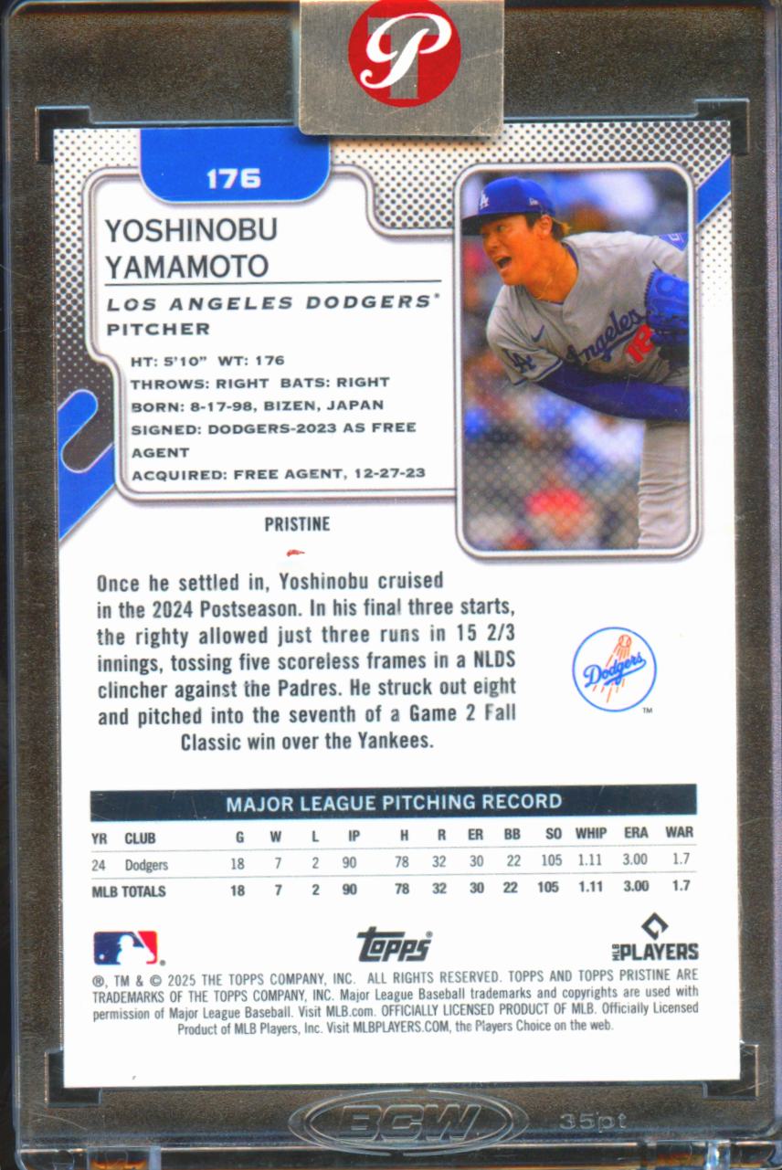 Yoshinobu Yamamoto 2025 Topps Pristine Purple Refractor 65/99 LA Dodgers