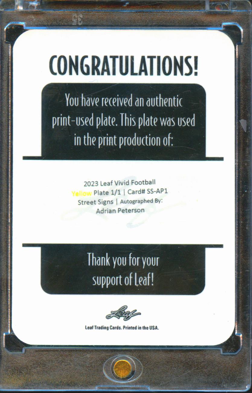 Adrian Peterson 2023 Leaf Vivid Auto Autograph Printing Plate 1/1 Vikings