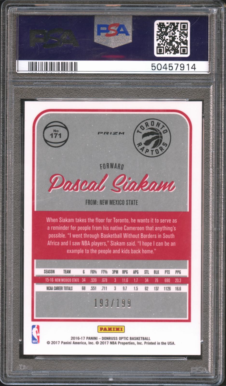 Pascal Siakam 2016-17 Optic Orange Rookie RC Toronto Raptors 193/199 PSA 9