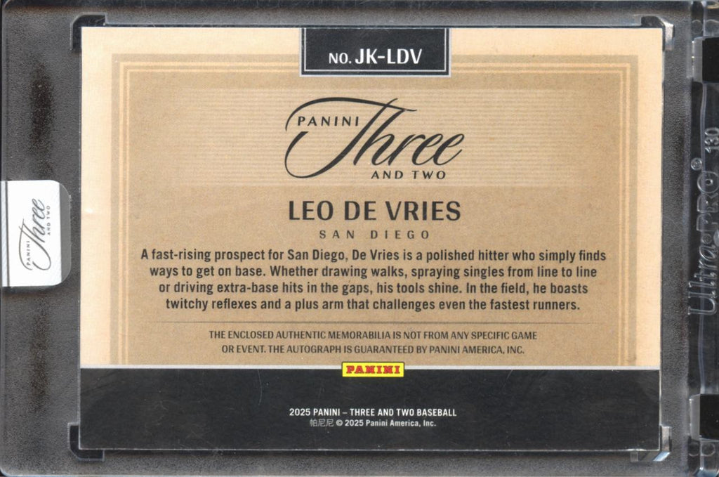 Leo De Vries 2025 Three and Two Auto Autograph Patch 33/99 Auto San Diego