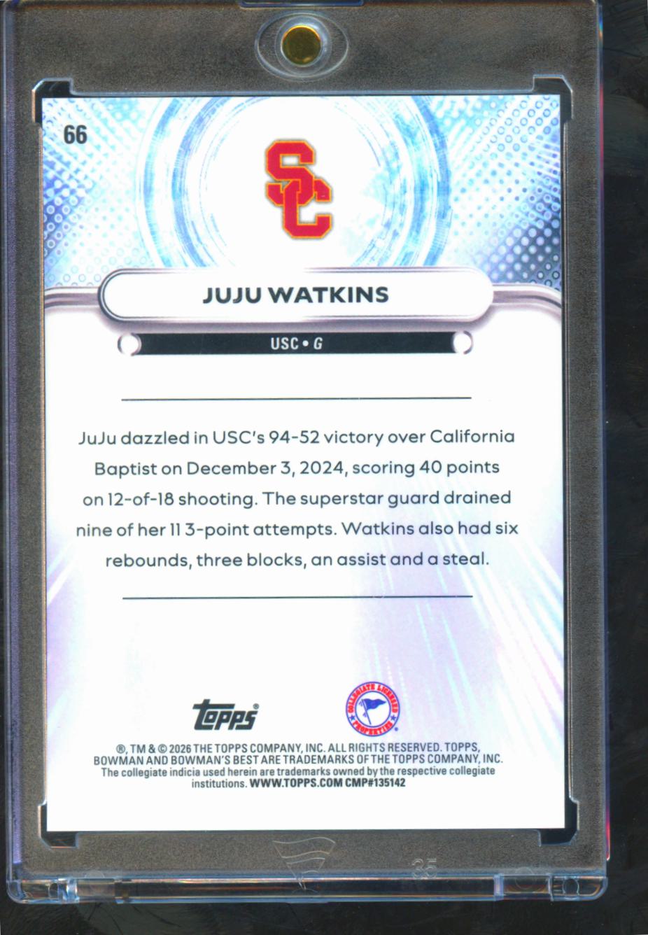 JuJu Watkins 2026 Bowman's Best Teal Refractor SSP 2/15 USC Trojans