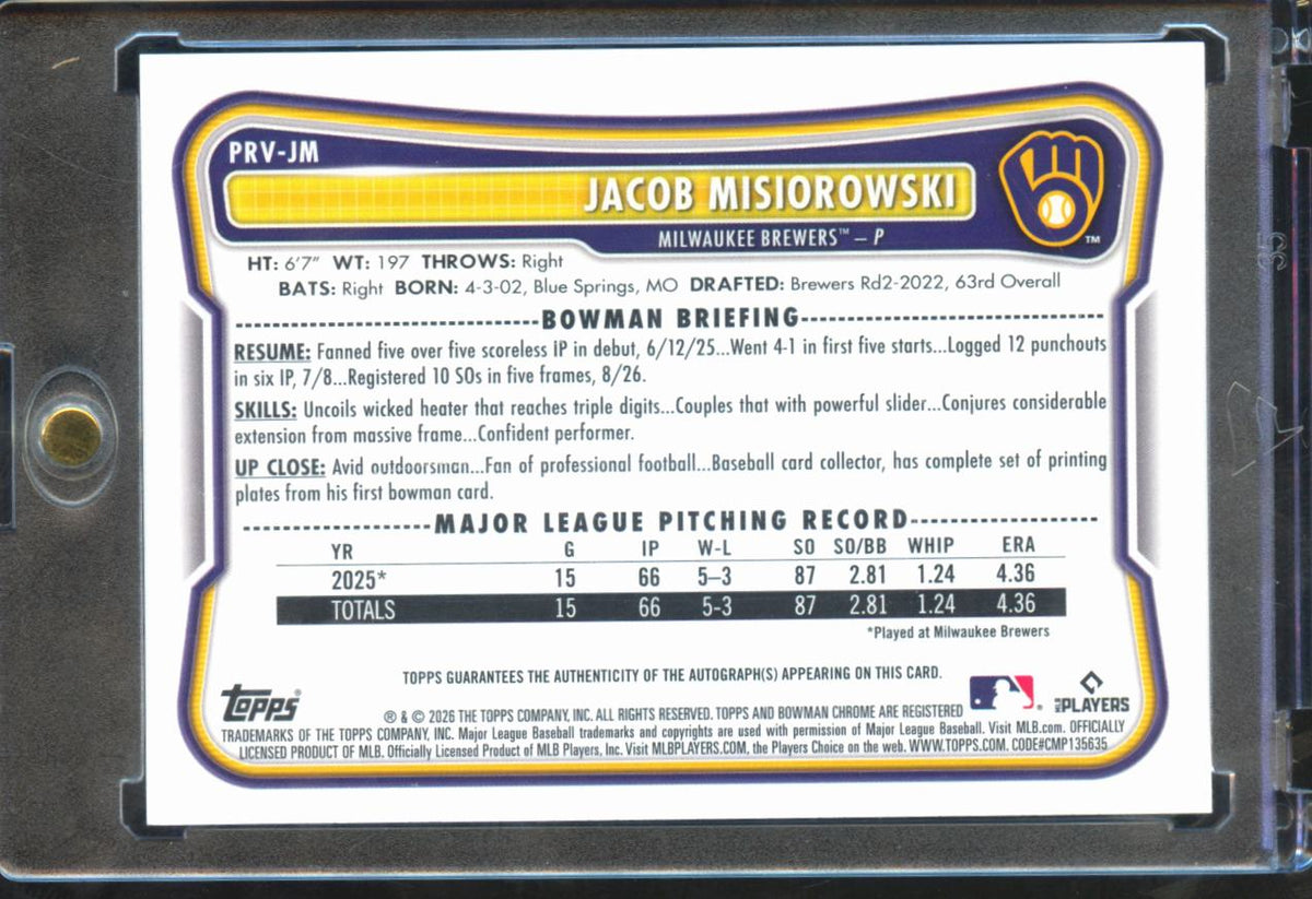 Jacob Misiorowski 2026 Bowman Auto Autograph Rookie RC Milwaukee Brewers