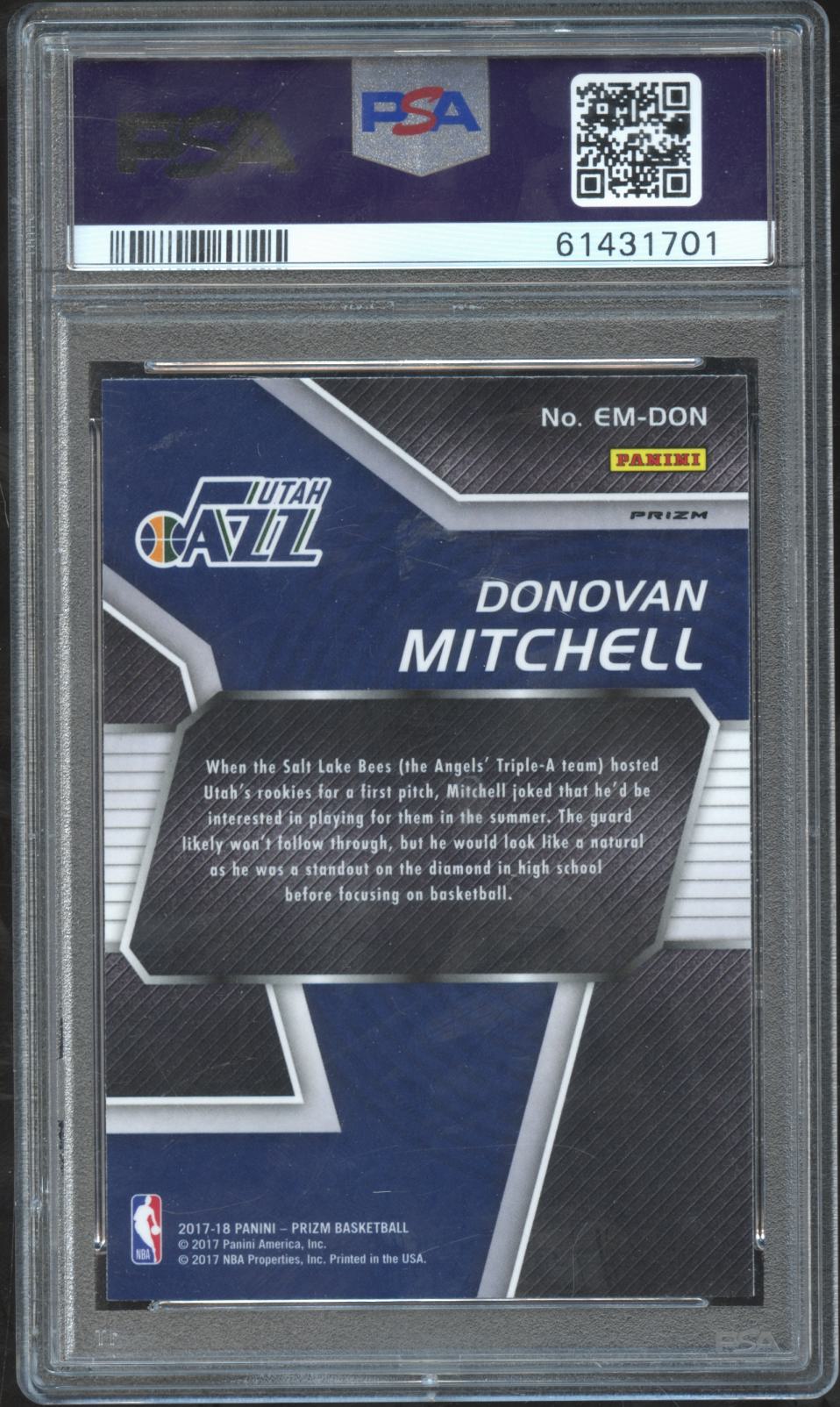 Donovan Mitchell 2017-18 Prizm Emergent Fast Break Disco Rookie RC Jazz PSA 10
