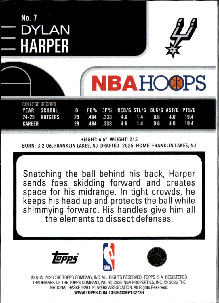 Dylan Harper 2026 Topps NBA Hoops Xfractor Rookie RC San Antonio Spurs
