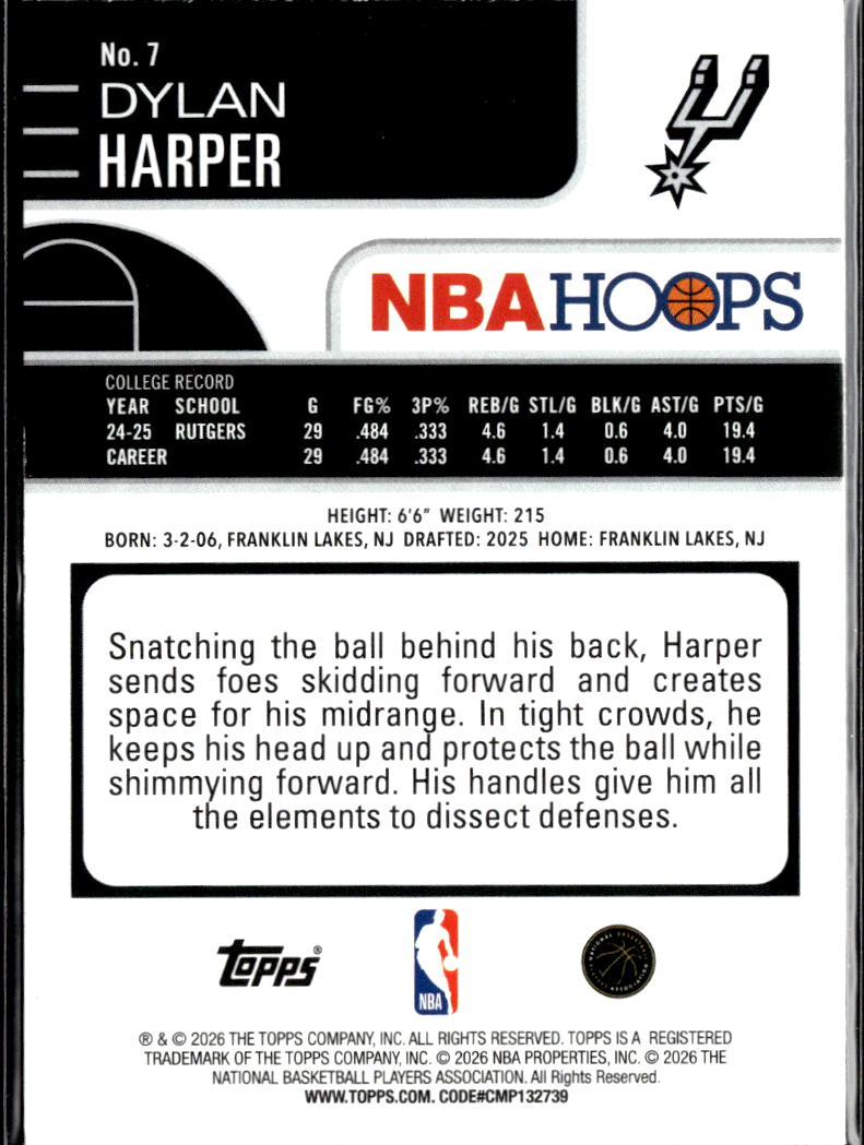 Dylan Harper 2026 Topps NBA Hoops Rookie RC Yellow 238/275 San Antonio Spurs