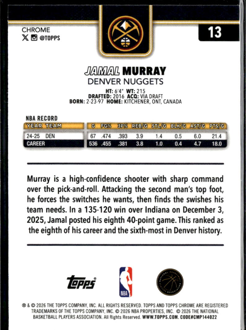 Jamal Murray 2026 Topps Chrome Update Purple Wave 52/75 Denver Nuggets