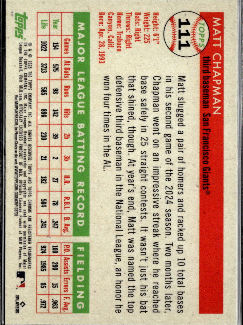 Matt Chapman 2025 Topps Chrome Platinum GOLD Refractor 25/50 Giants