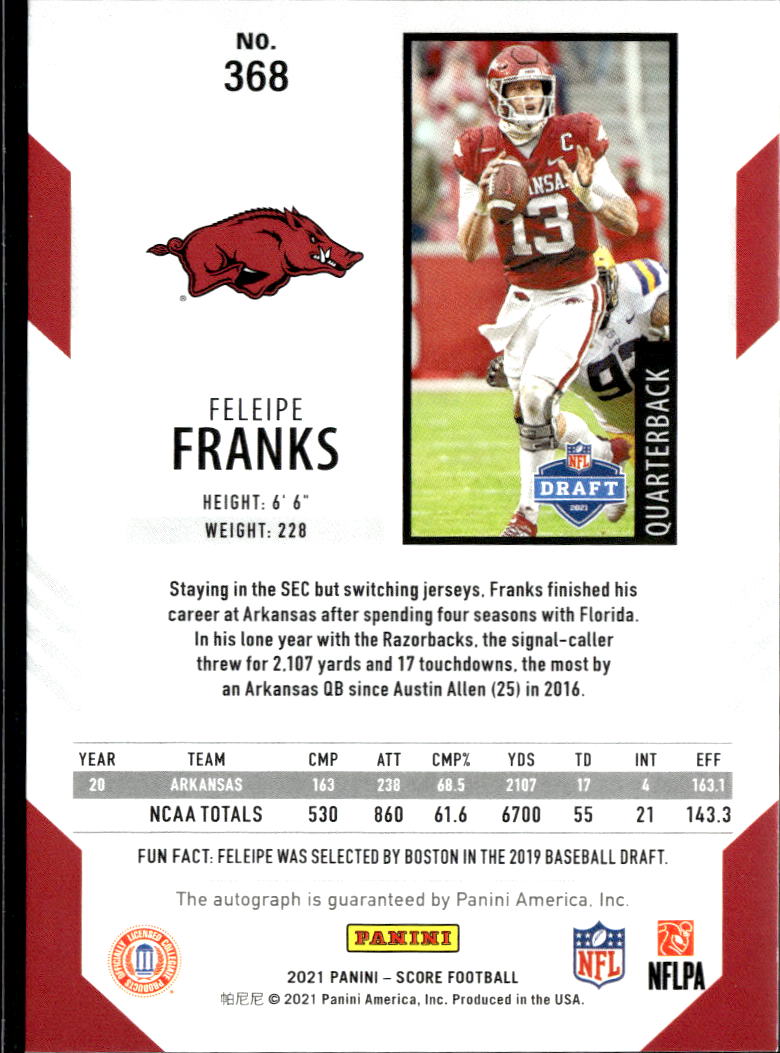 Feleipe Franks 2021 Score Red Zone Auto Autograph RC 16/20 Arkansas Razorbacks