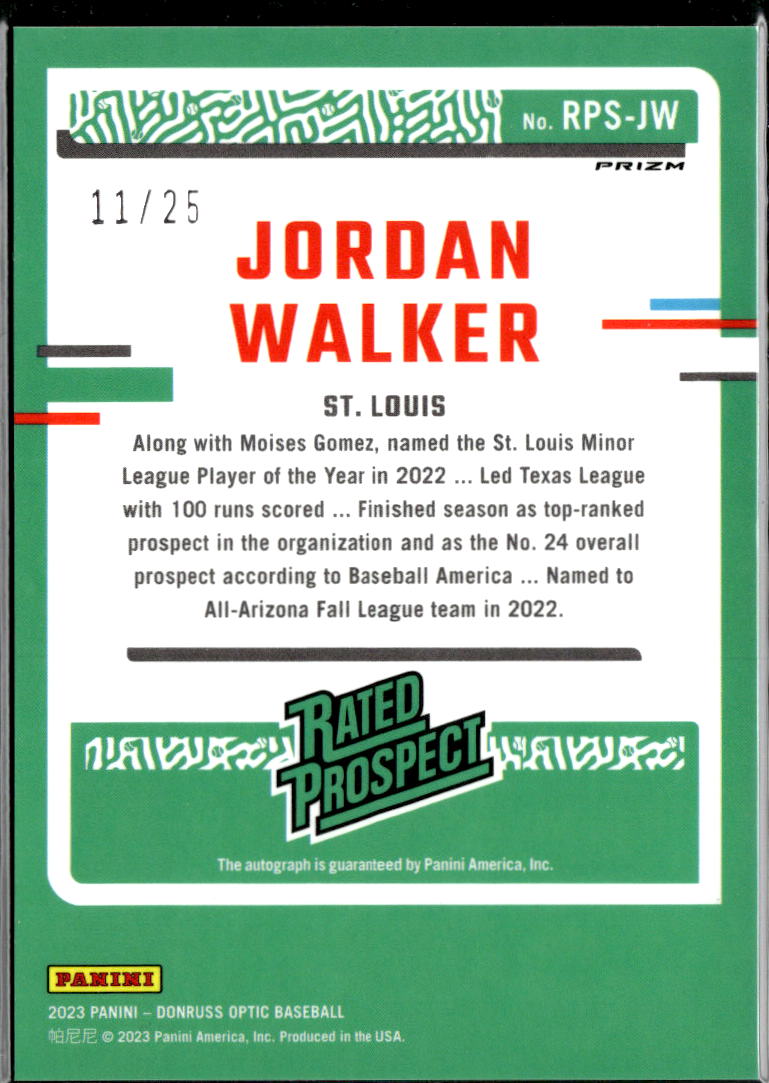 Jordan Walker 2023 Optic Rated Rookie Auto Autograph RC 11/25 Stl Cardinals