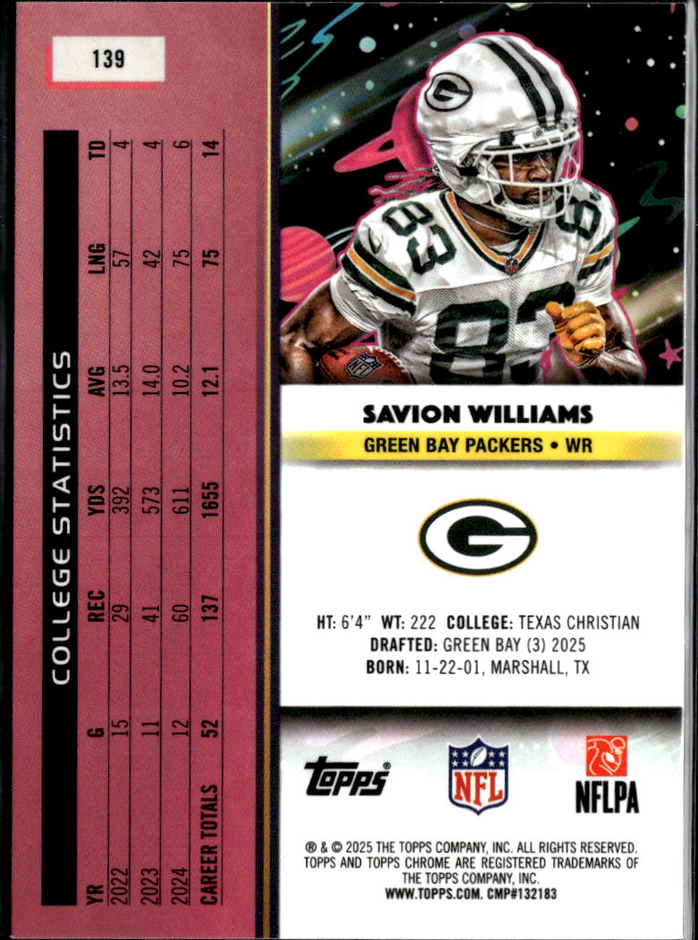 Savion Williams 2025 Topps Chrome Cosmic White Hole SSP RC Green Bay Packers