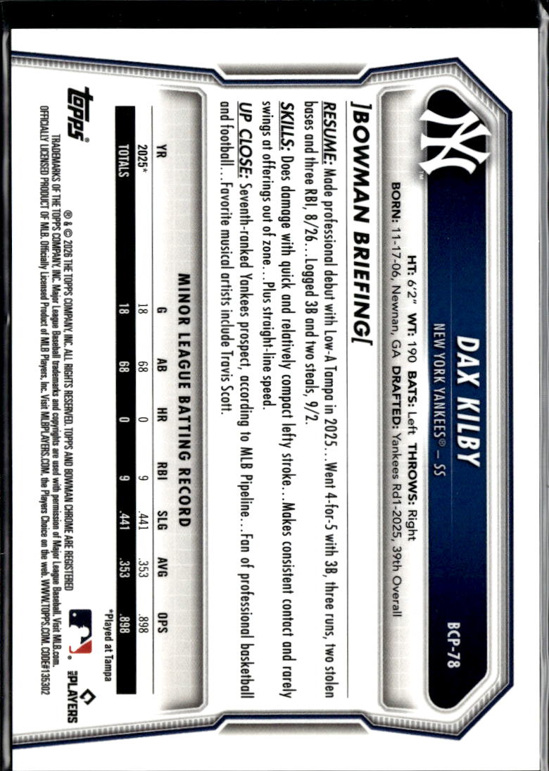 Dax Kilby 2026 Bowman Chrome Yellow Refractor 68/75 New York Yankees