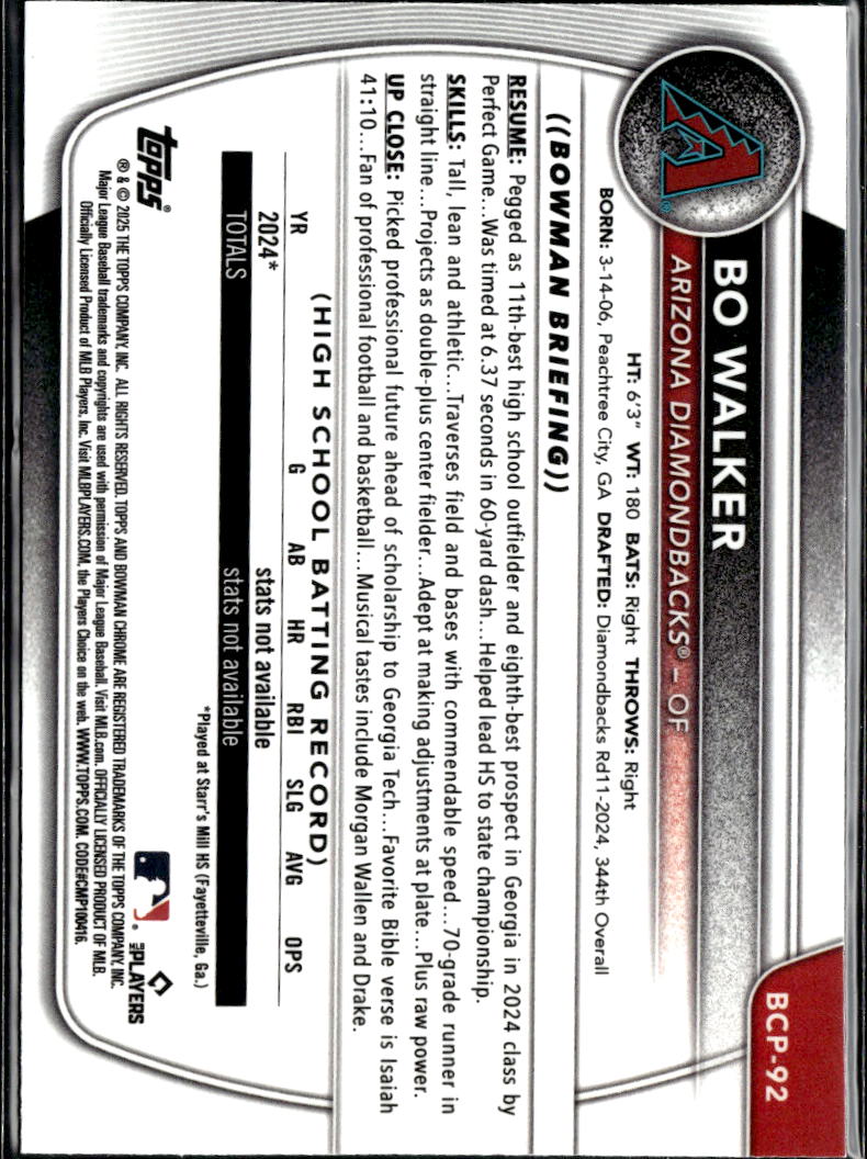 Bo Walker 2025 Bowman Chrome 1st Yellow XFractor 68/75 Arizona Diamondbacks