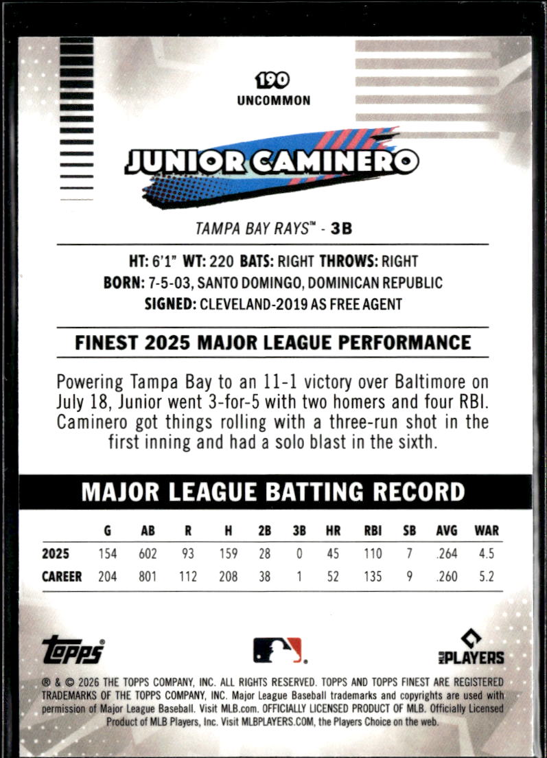 Junior Caminero 2026 Topps Finest Blue Refractor 133/150 Tampa Bay Rays
