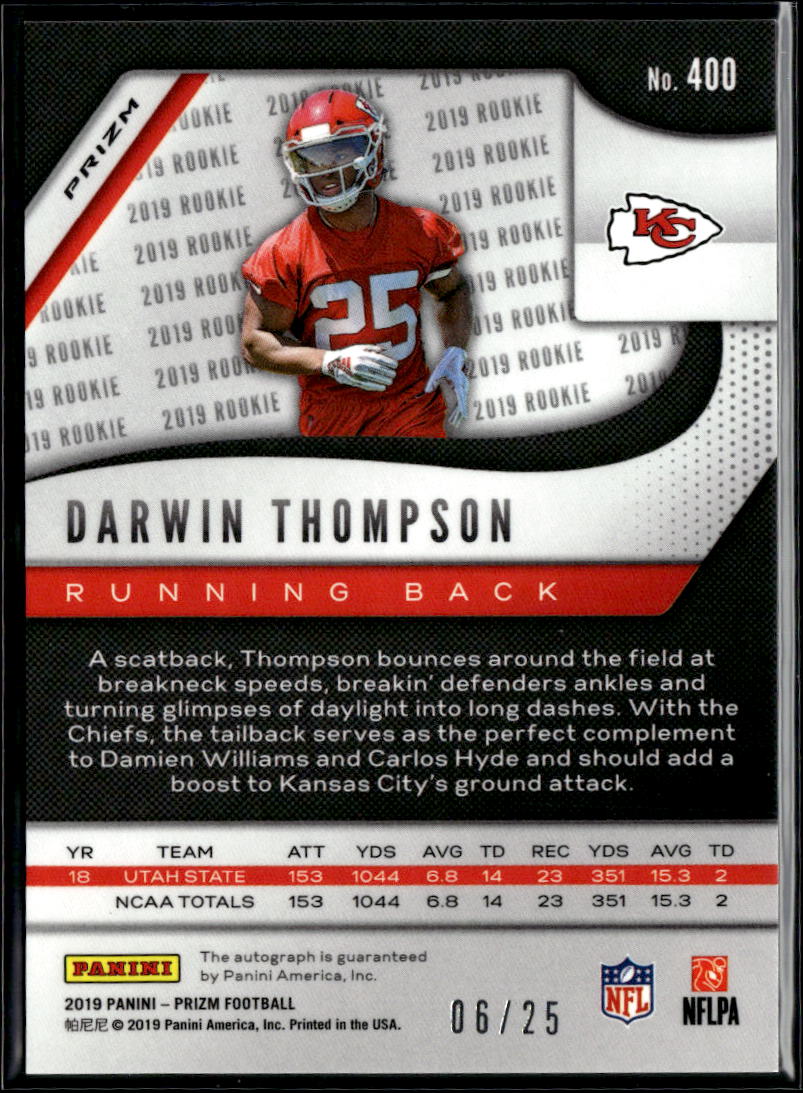 Darwin Thompson 2019 Prizm Auto Autograph RC Red Shimmer 6/25 Jenks Chiefs