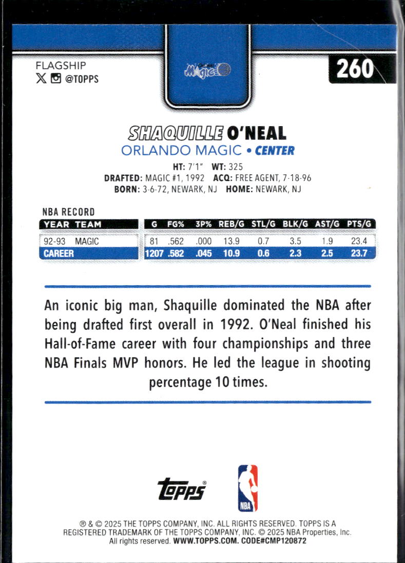 Shaquille O'Neal 2025 Topps GOLD Foil 954/2025 #260 Orlando Magic