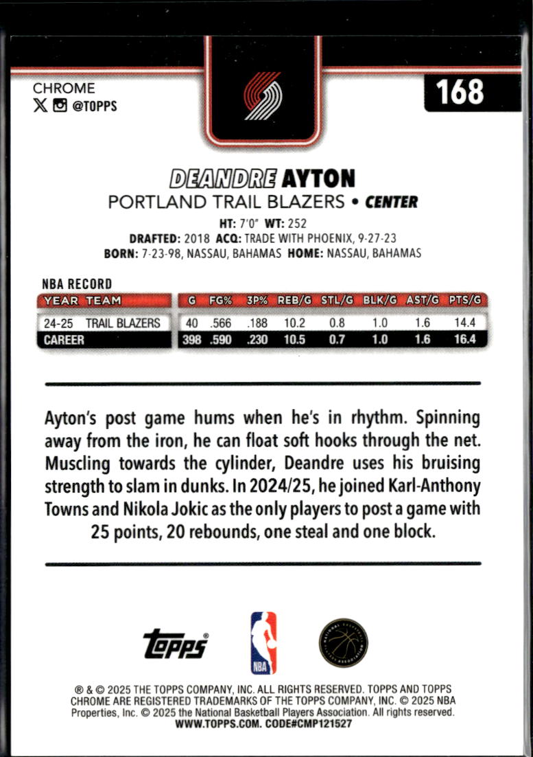Deandre Ayton 2025 Topps Chrome Orange Refractor 8/25 Portland Trail Blazers