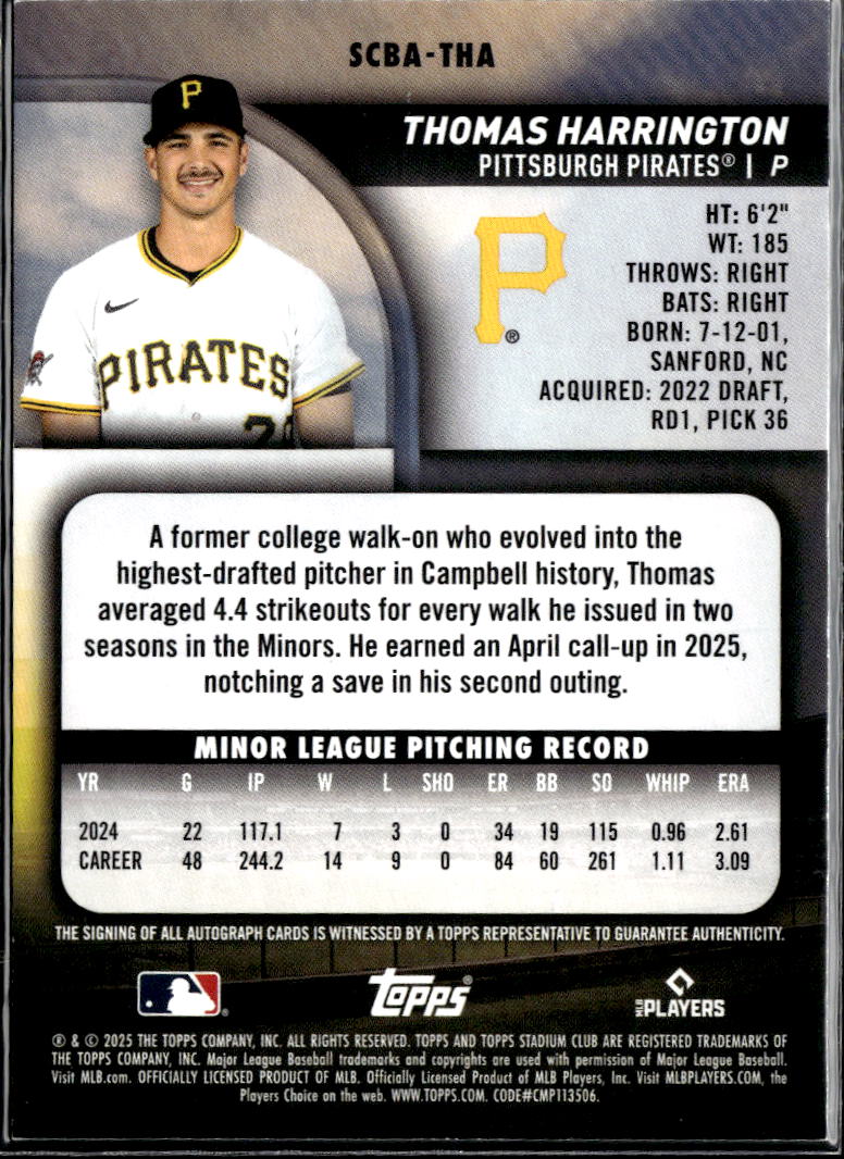 Thomas Harrington 2025 Stadium Club GOLD Auto Autograph RC 12/50 Pirates