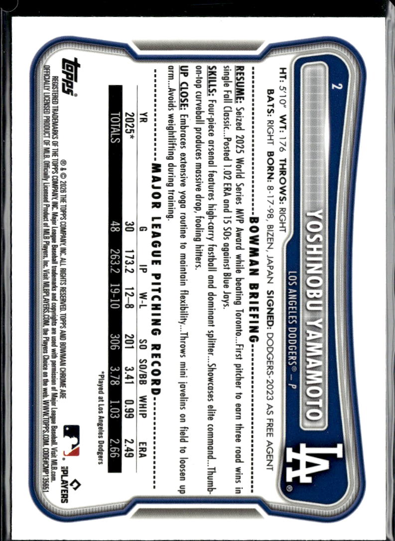 Yoshinobu Yamamoto 2026 Bowman Chrome Lime Green Refractor 68/399 LA Dodgers