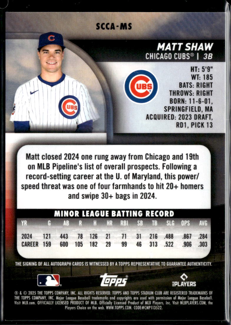 Matt Shaw 2025 Topps Stadium Club Chrome Auto Autograph RC Chicago Cubs