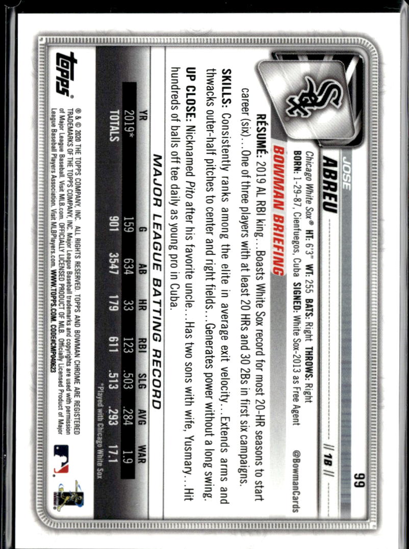 Jose Abreu 2020 Bowman Chrome GOLD Refractor 14/50 Chicago White Sox