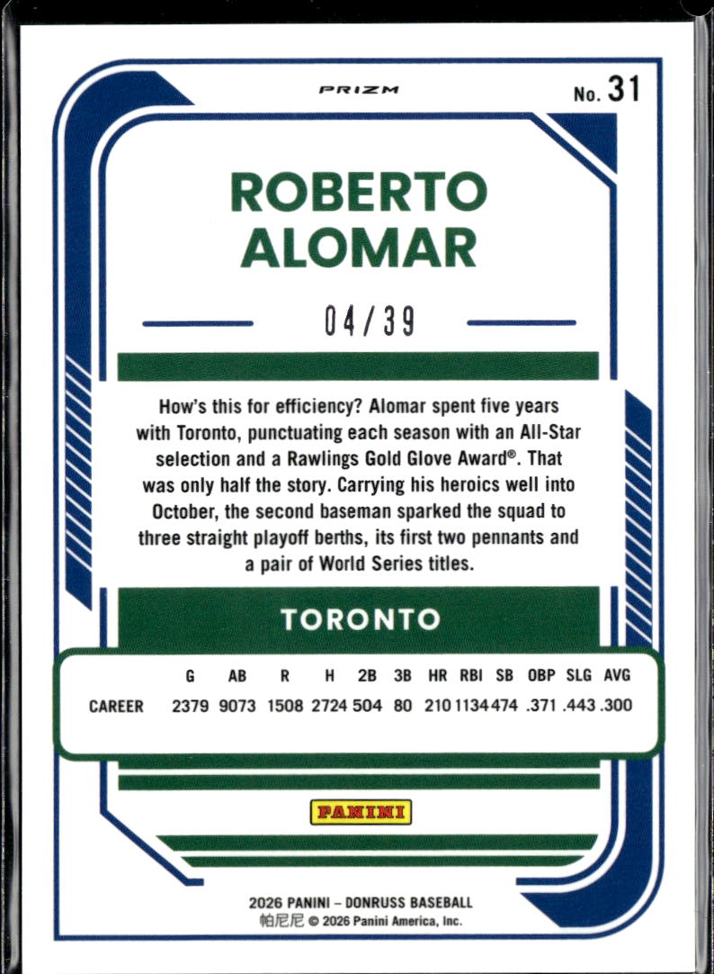 Roberto Alomar 2026 Optic Black Velocity Prizm 4/39 Toronto Blue Jays