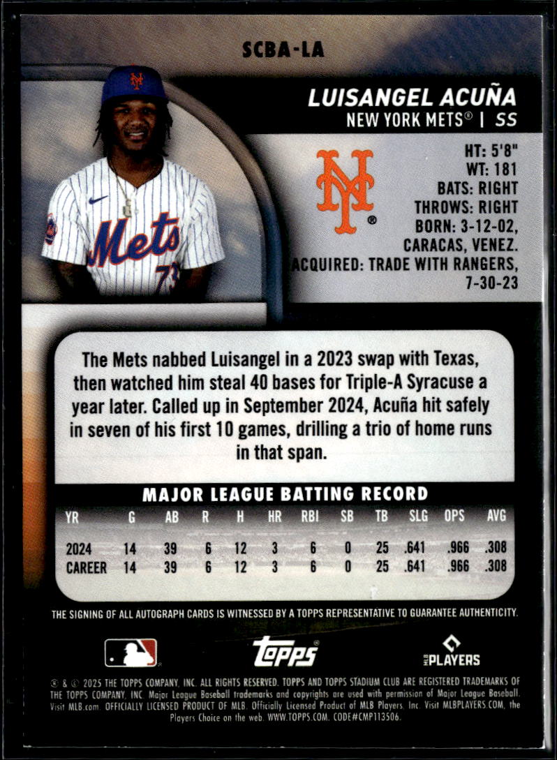 Luisangel Acuna 2025 Topps Stadium Club Auto Autograph RC New York Mets