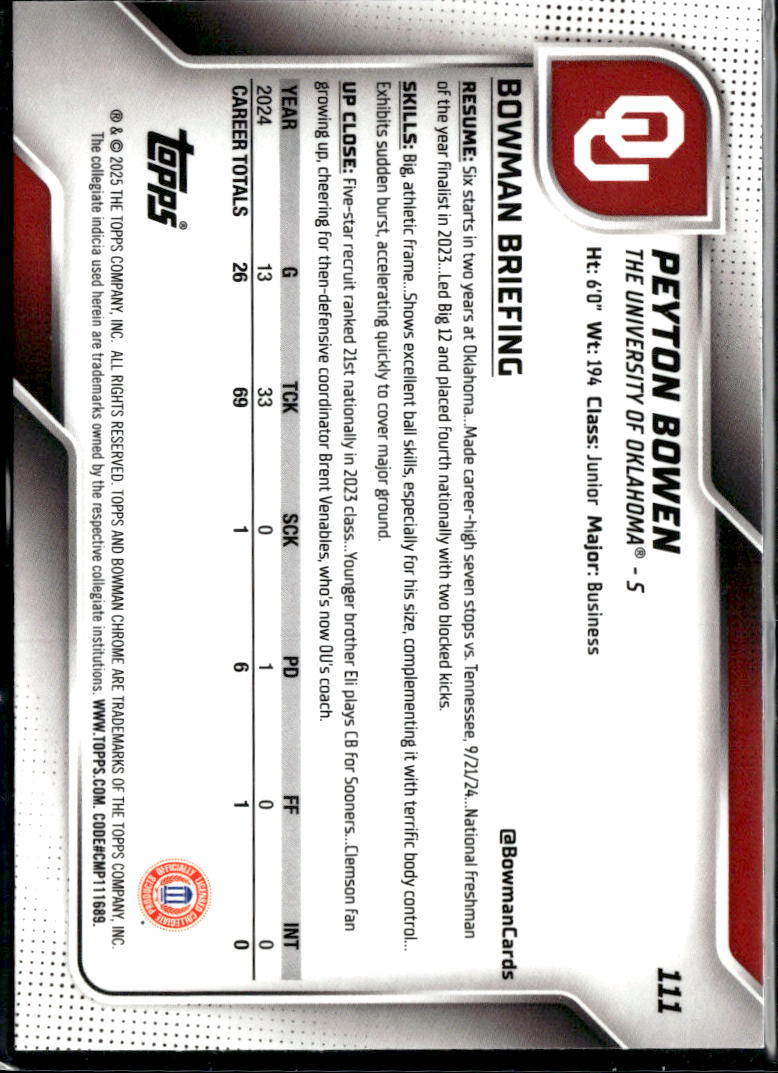Peyton Bowen 2025 Bowman Chrome 1st Green Refractor RC 47/99 Oklahoma Sooners