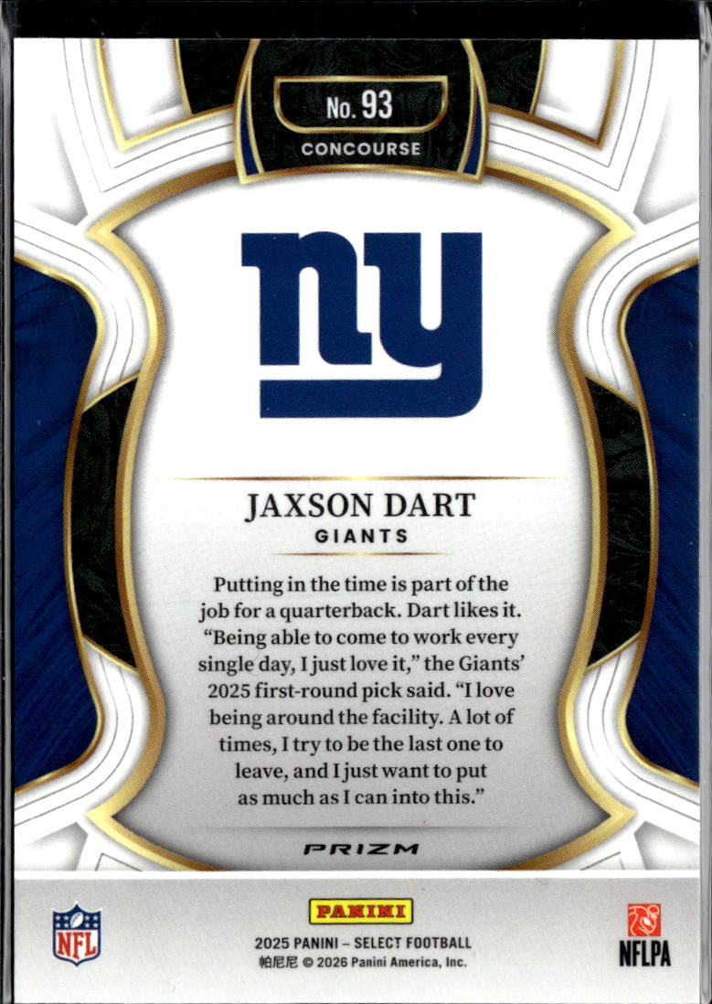 Jaxson Dart 2025 Select Concourse Zebra Prizm SSP Rookie RC New York Giants