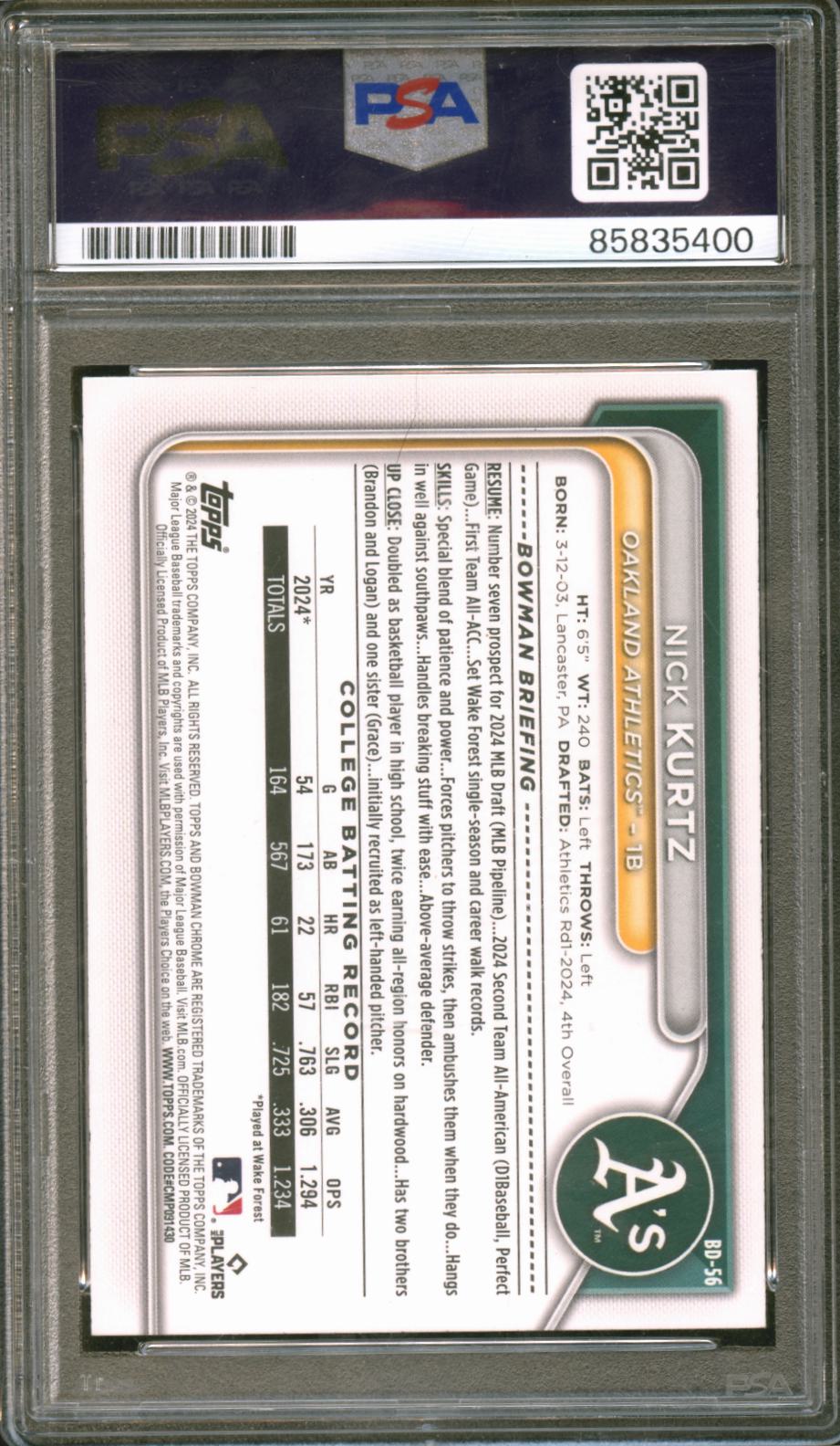 Nick Kurtz 2024 Bowman 1st IP Auto Autograph RC Rookie Athletics PSA DNA