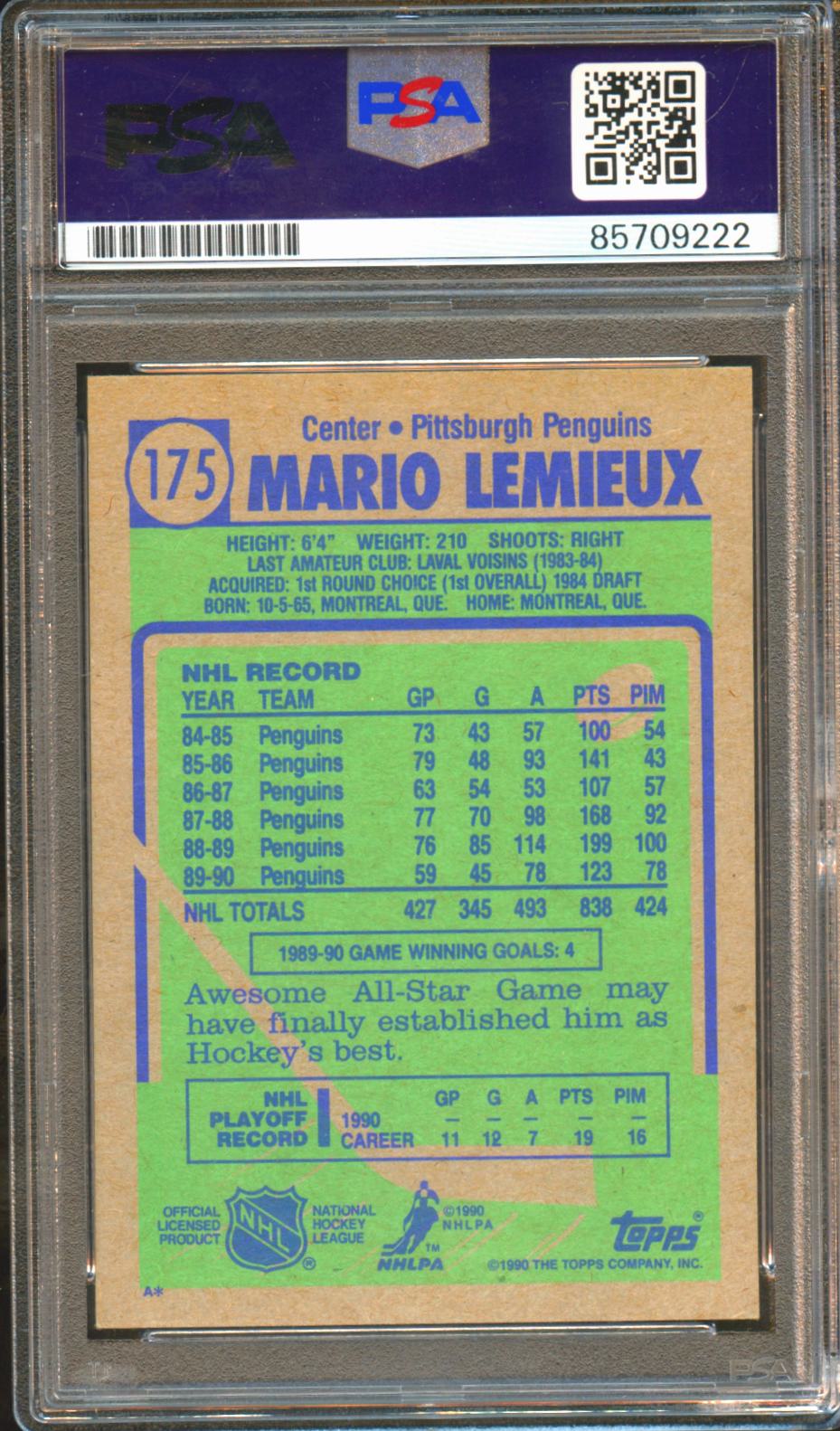 Mario Lemieux 1990 Topps IP Auto Autograph Pittsburgh Penguins PSA DNA Authentic