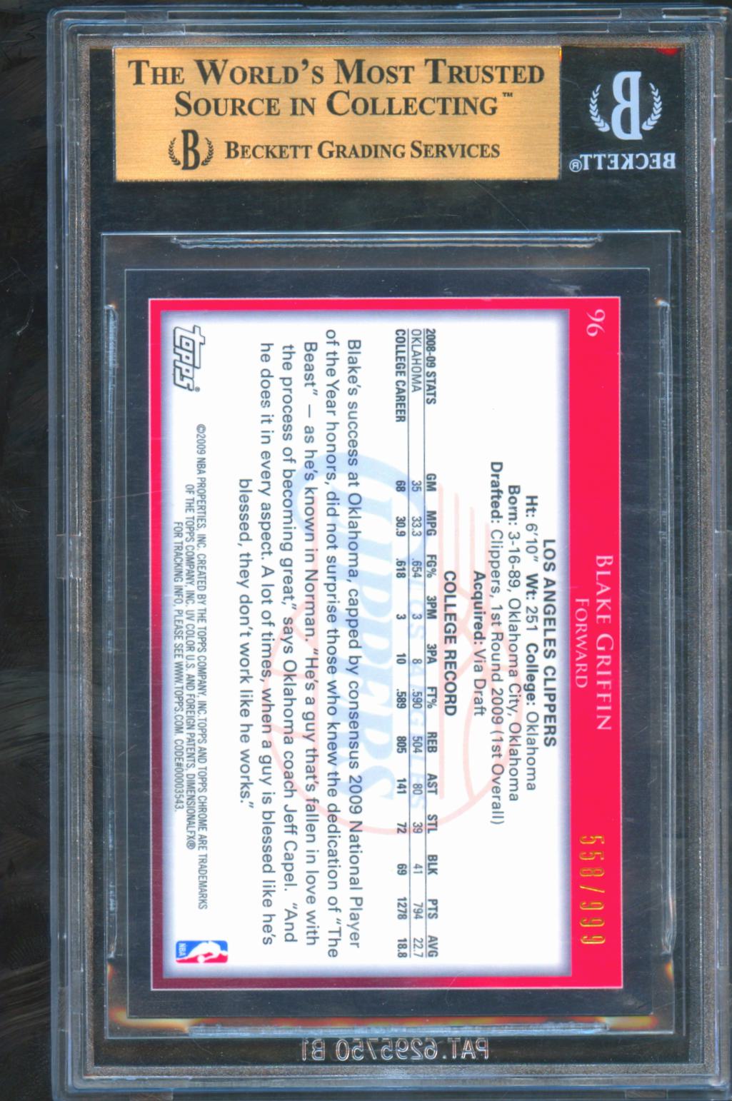 Blake Griffin 2009-10 Topps Chrome Rookie RC /999 Sooners Clippers #96 BGS 9.5