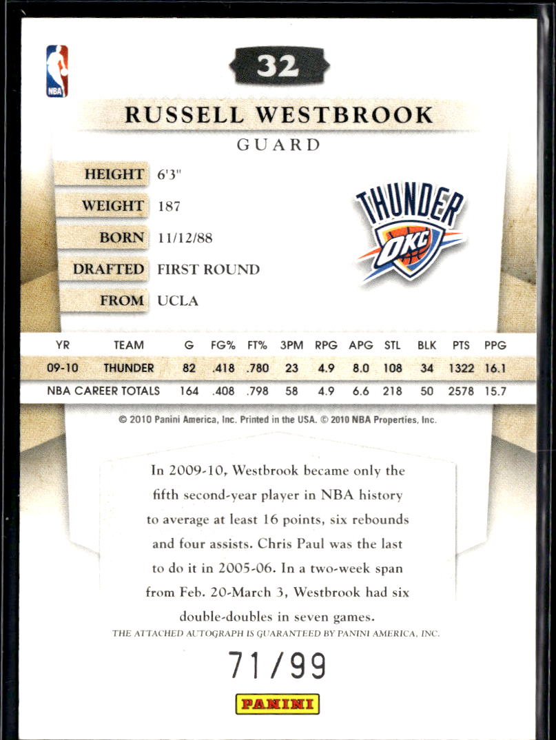 Russell Westbrook 2010-11 Timeless Treasures Auto Autograph 71/99 OKC Thunder