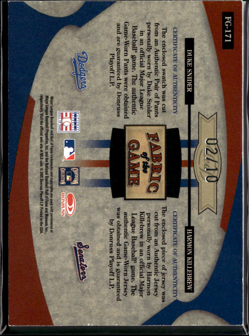 Duke Snider / Harmon Killebrew 2005 Leaf Certified Game Worn Jersey Patch 2/10
