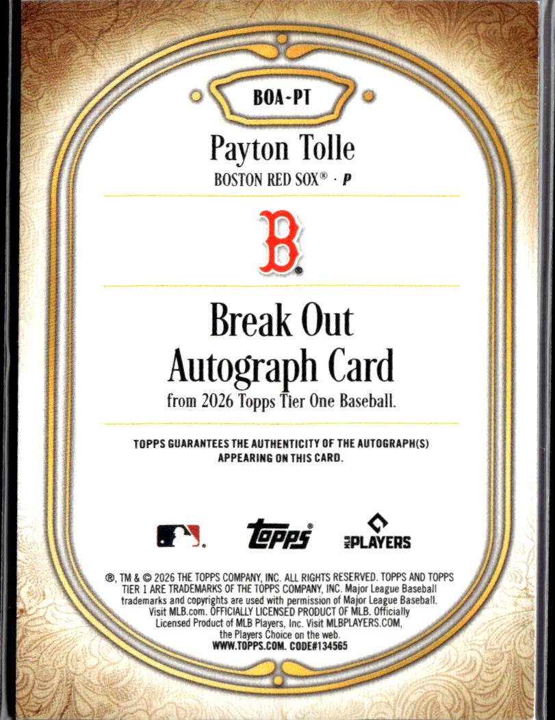 Payton Tolle 2026 Topps Tier One Auto Autograph Red Rookie 4/25 Boston Red Sox