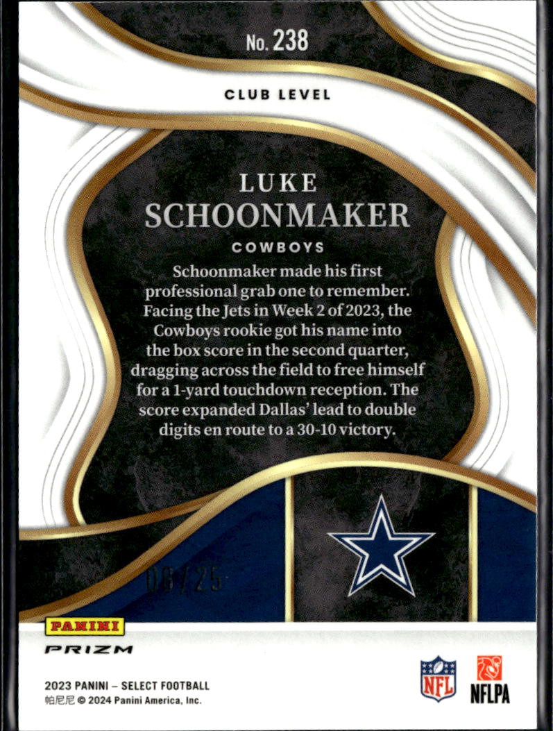 Luke Schoonmaker 2023 Select Club Level Blue Disco RC 8/25 Dallas Cowboys