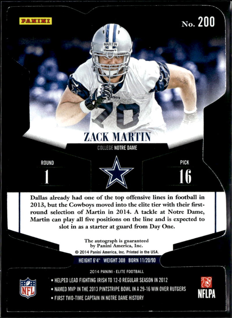 Zack Martin 2014 Elite GOLD Auto Autograph Rookie RC 17/199 Dallas Cowboys