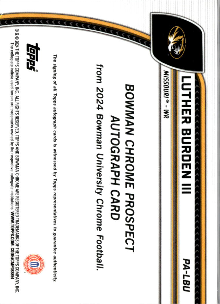 Luther Burden III 2024 Bowman Chrome 1st Auto Autograph RC Bears Missouri Tigers