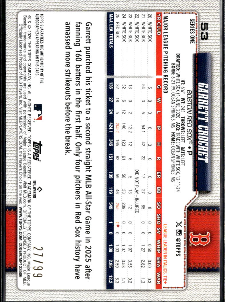 Garrett Crochet 2026 Topps Auto Autograph Green 27/99 Boston Red Sox